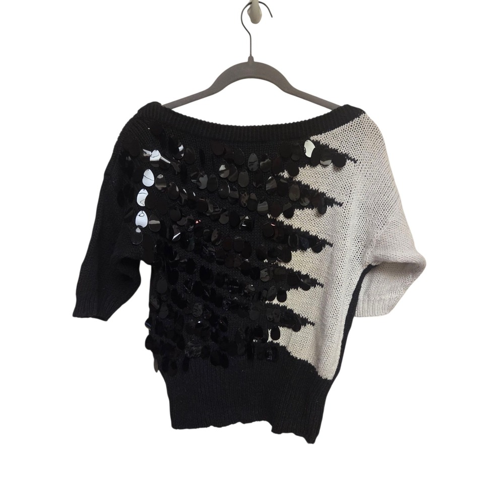 Black White Sequin Embellished Knit Sweater‎ Top Colorblock Dolman Short Sleeve